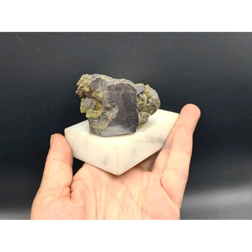 Vintage 1960s Galena & Pyrite Mineral Specimen on Italian Marble Base - 3" x 2", - Picture 3 of 8